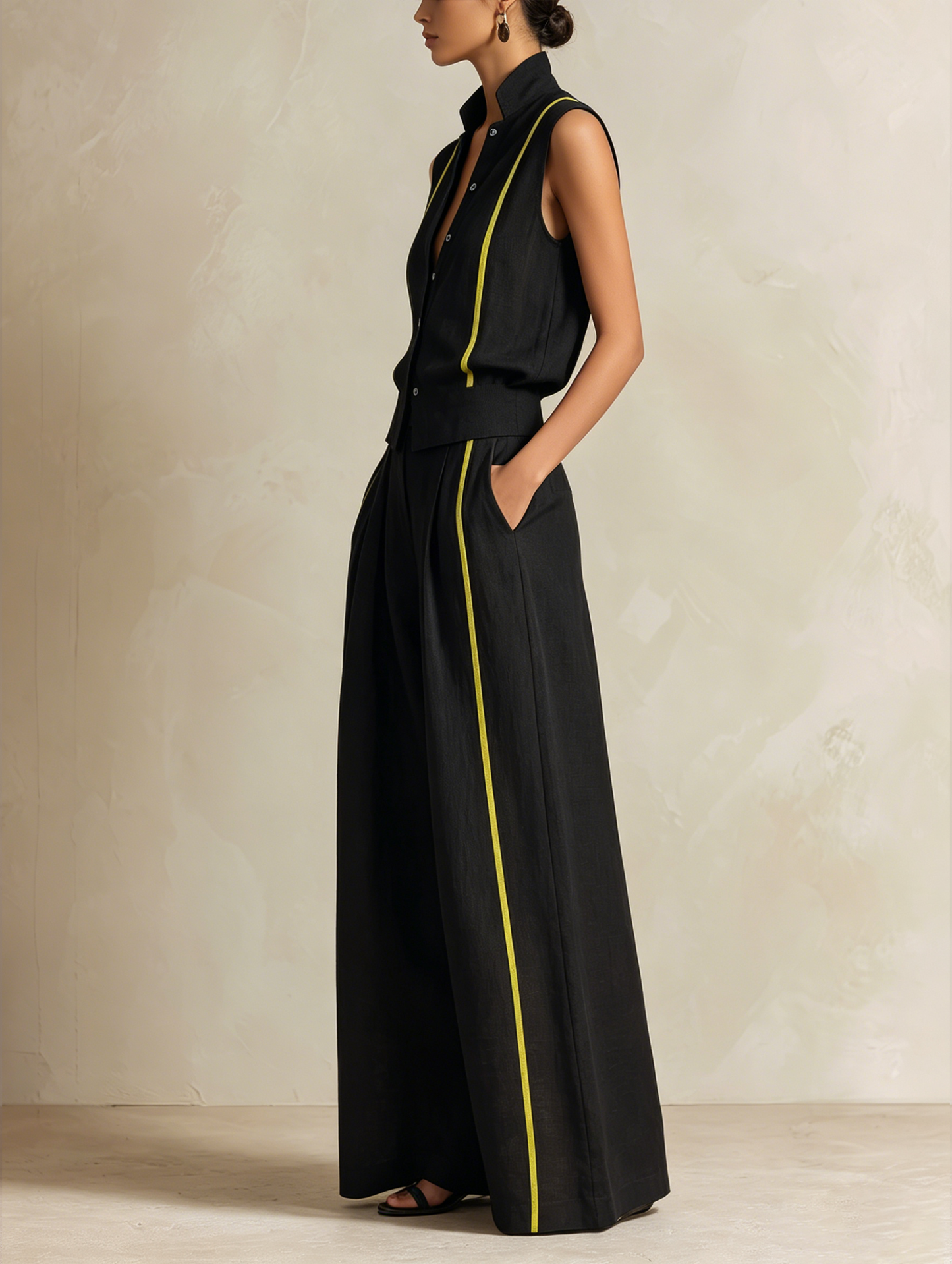 Zwart & Neon Gele Linnenmix Mouwloze Vest & Wijde Pantalon Set