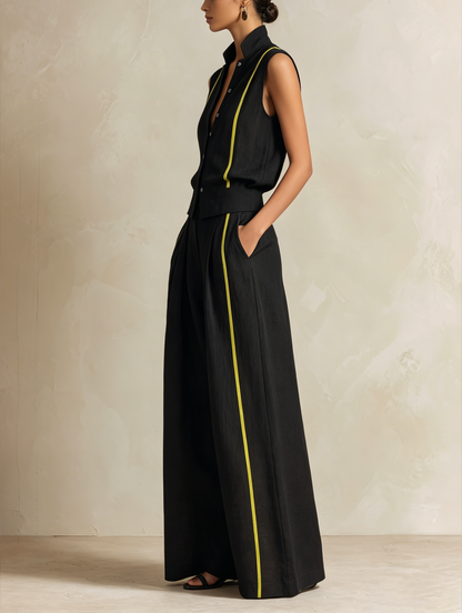Zwart & Neon Gele Linnenmix Mouwloze Vest & Wijde Pantalon Set