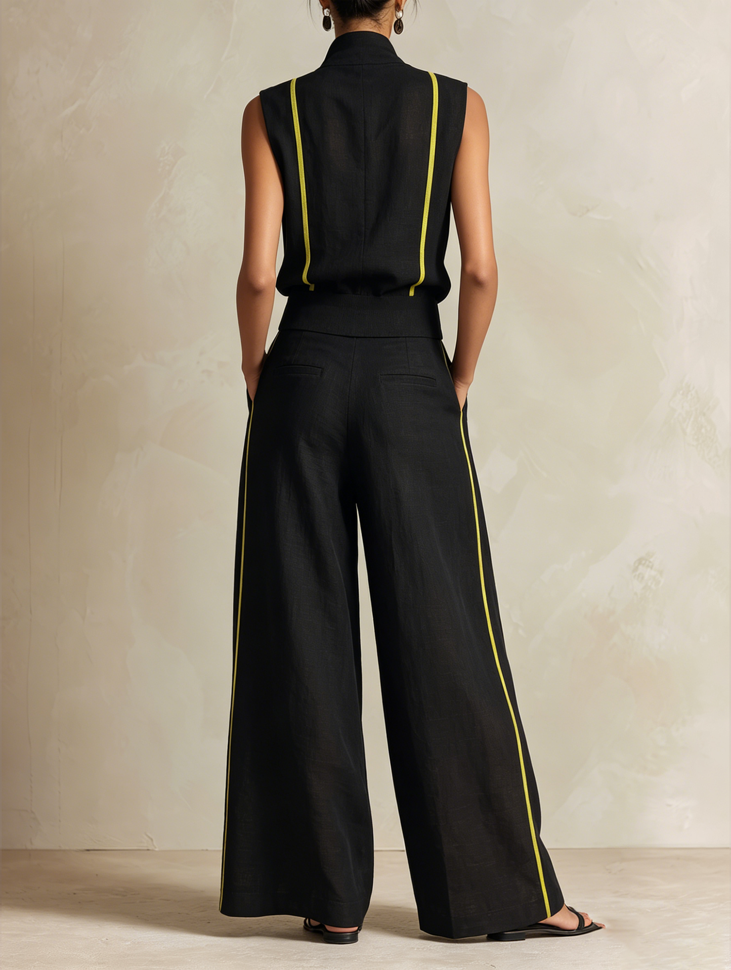 Zwart & Neon Gele Linnenmix Mouwloze Vest & Wijde Pantalon Set