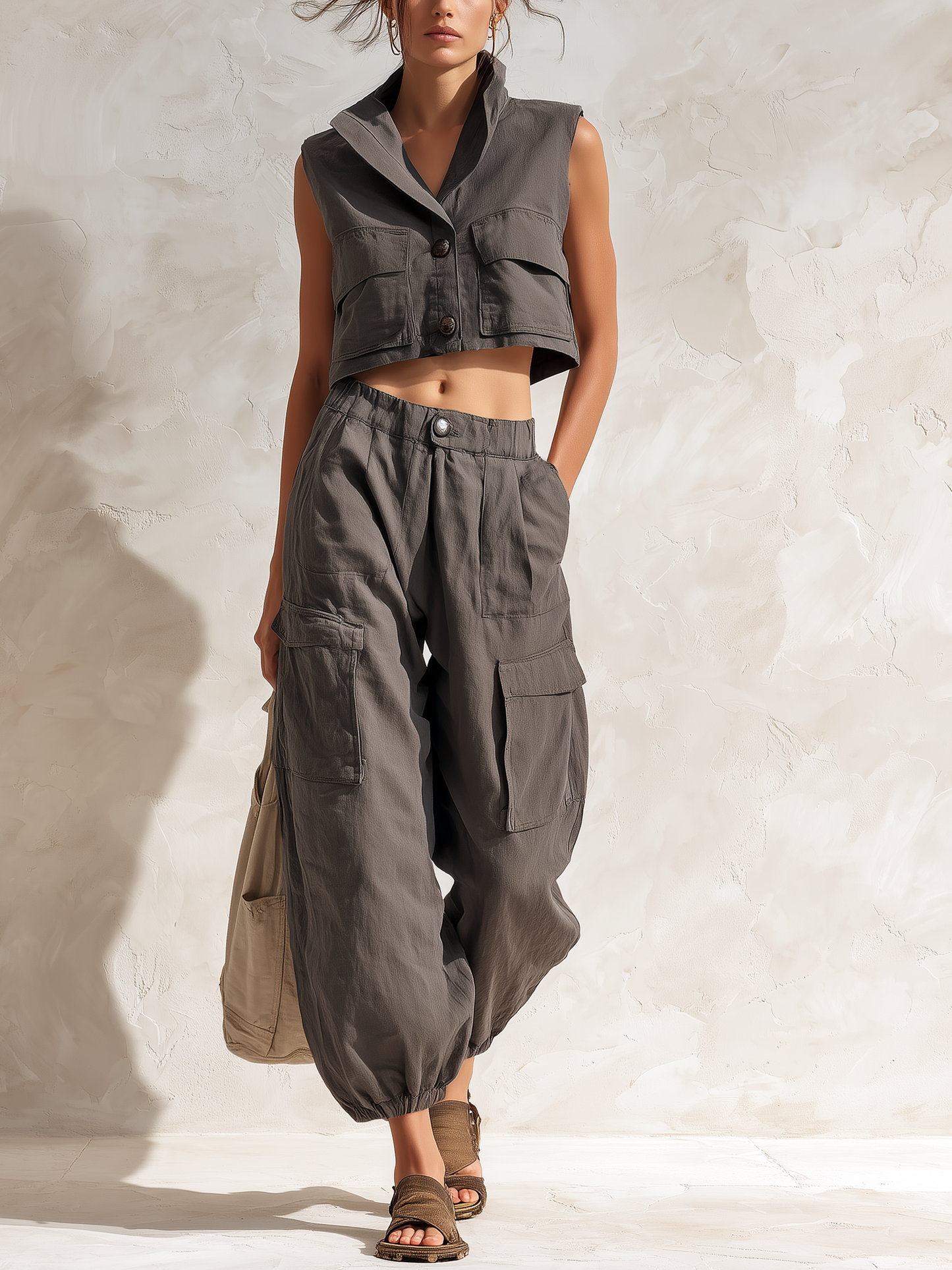 Koolgrijze Cropped Utility Vest & Parachute Cargo Broek Set