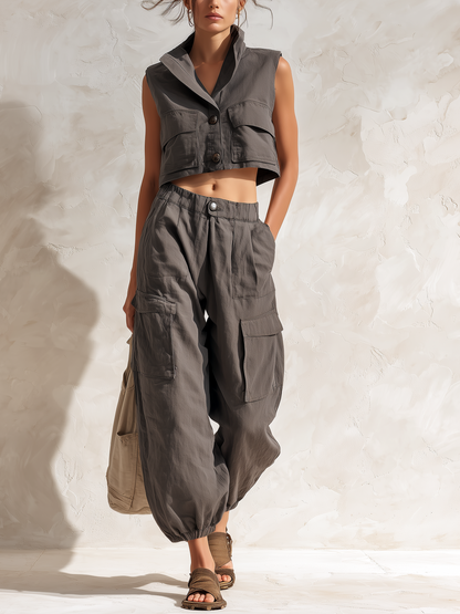 Koolgrijze Cropped Utility Vest & Parachute Cargo Broek Set