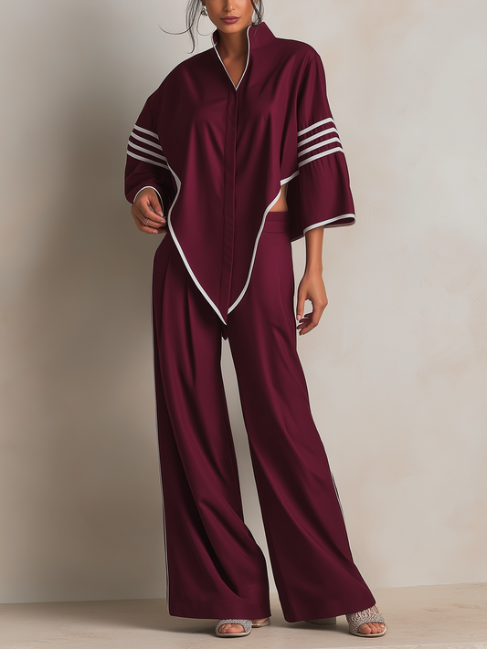 Bordeaux Asymmetrisch Afgewerkt Top & Brede Broek Set