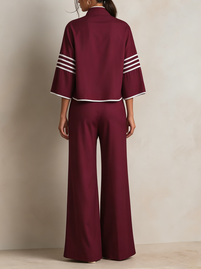 Bordeaux Asymmetrisch Afgewerkt Top & Brede Broek Set