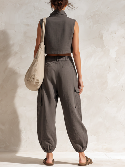 Koolgrijze Cropped Utility Vest & Parachute Cargo Broek Set