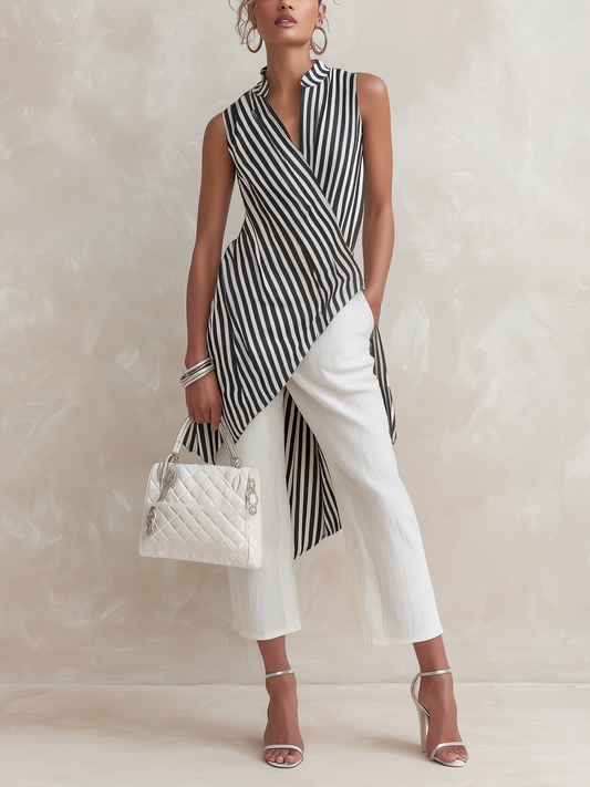 Zwart-wit gestreepte asymmetrische wikkeltop en witte culottes set
