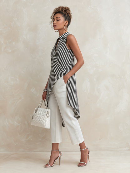 Zwart-wit gestreepte asymmetrische wikkeltop en witte culottes set