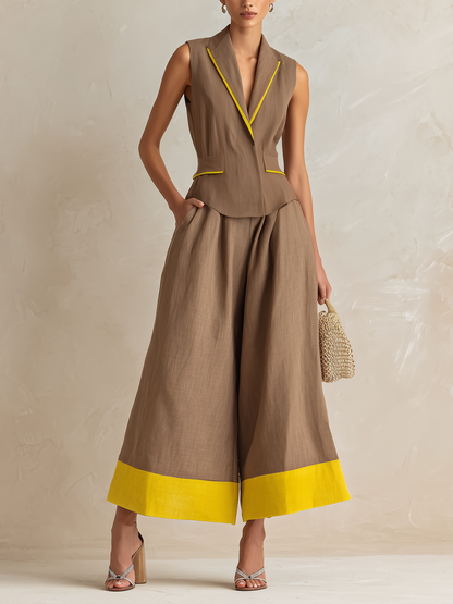 Bruin & Geel Linnen Contrast Vest & Wijde Culotte Set