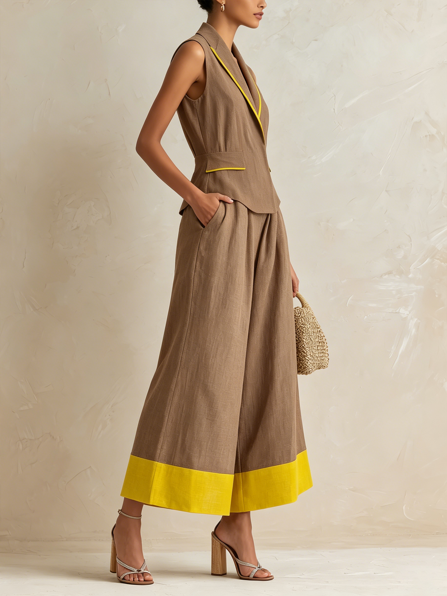 Bruin & Geel Linnen Contrast Vest & Wijde Culotte Set