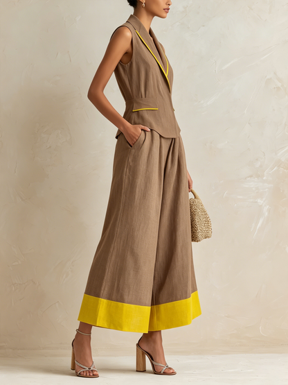 Bruin & Geel Linnen Contrast Vest & Wijde Culotte Set