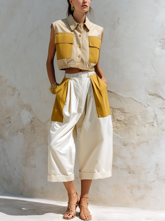 Beige & Mosterd Kleur Blok Katoenmix Mouwloze Vest & Cropped Wijde Pantalon Set