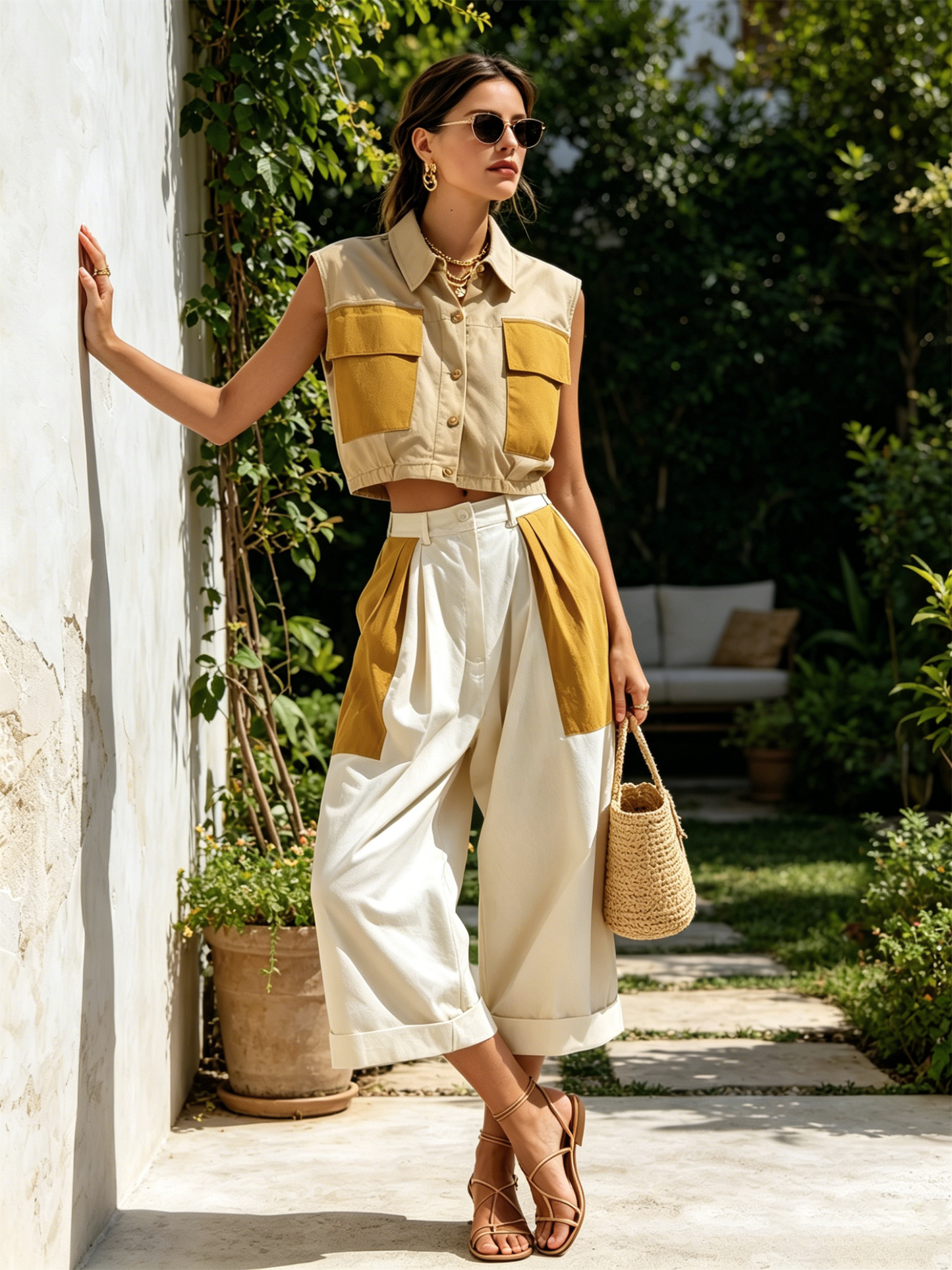 Beige & Mosterd Kleur Blok Katoenmix Mouwloze Vest & Cropped Wijde Pantalon Set