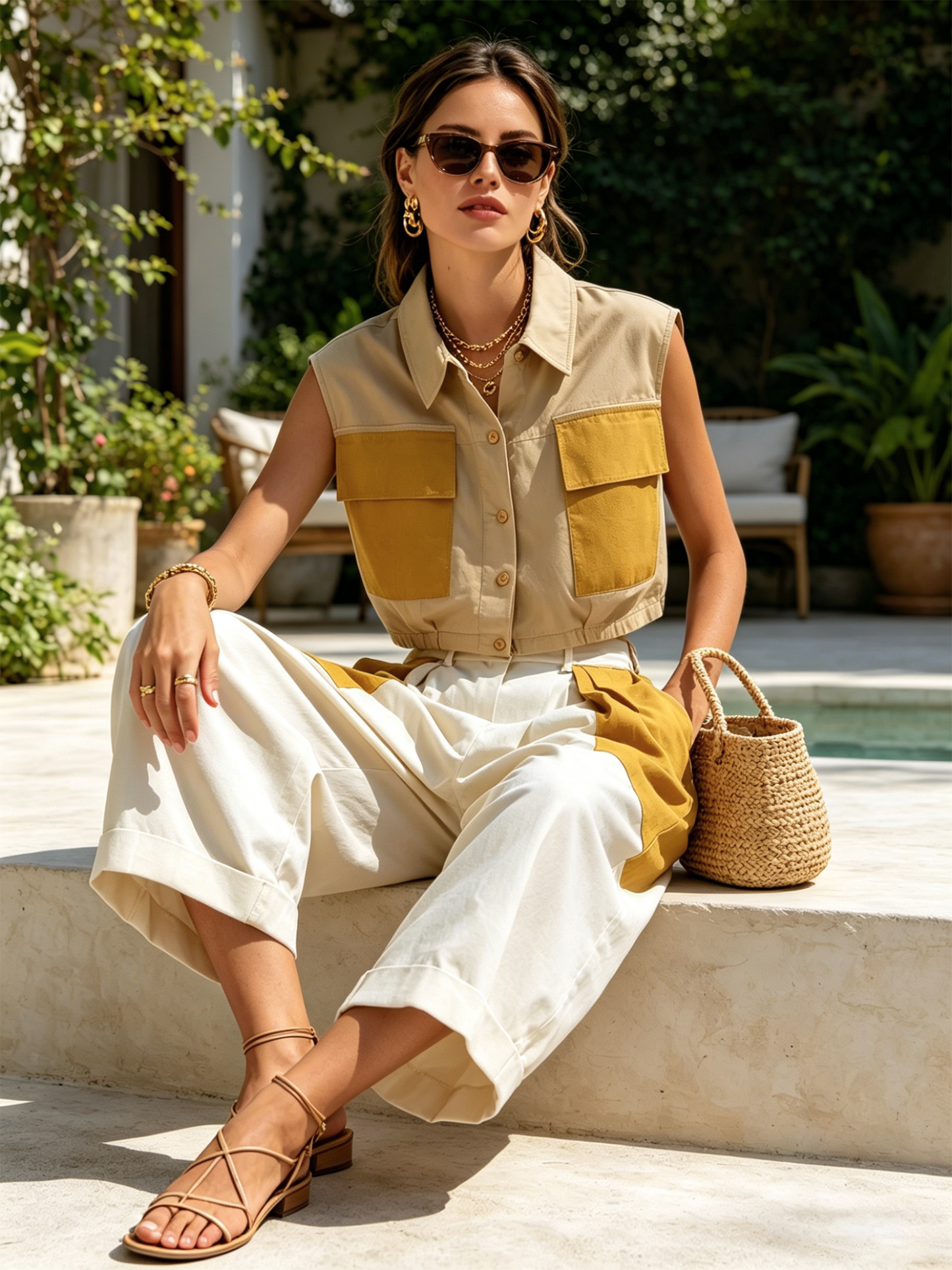 Beige & Mosterd Kleur Blok Katoenmix Mouwloze Vest & Cropped Wijde Pantalon Set