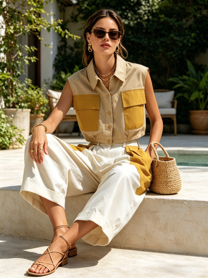Beige & Mosterd Kleur Blok Katoenmix Mouwloze Vest & Cropped Wijde Pantalon Set