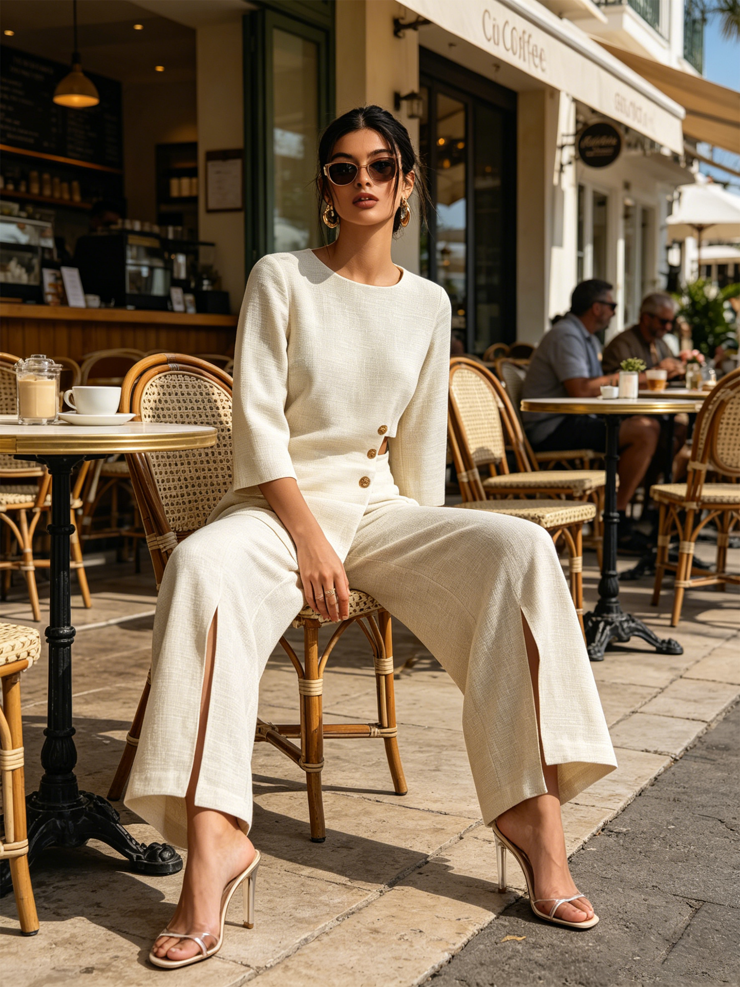 Asymmetrische Cutout Linnenmix Twee-delige Wijde Pantalon Set