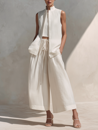 Staande Kraag Mouwloze Faux Twee-Delige Linnen Vest & Touwsluiting Brede Pijpen Broek Twee-Delige Outfit