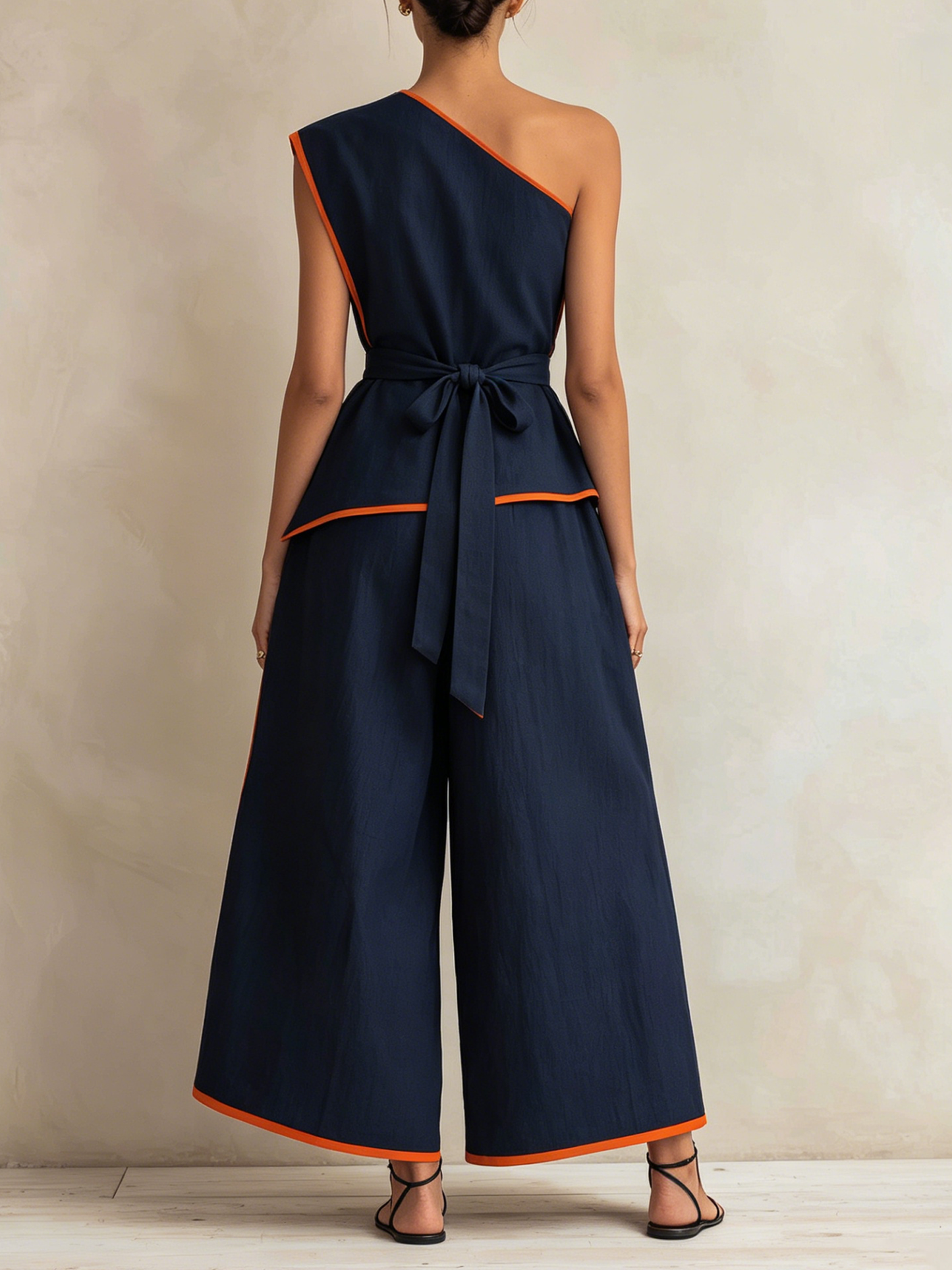 Asymmetrische Eén-Schouder Contrast Oranje Piping Geknoopte Brede Pijpen Tweedelige Set