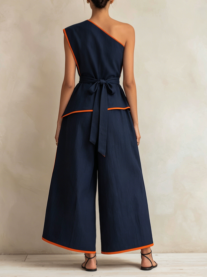 Asymmetrische Eén-Schouder Contrast Oranje Piping Geknoopte Brede Pijpen Tweedelige Set