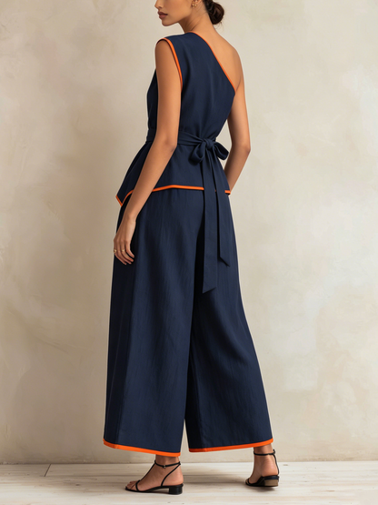 Asymmetrische Eén-Schouder Contrast Oranje Piping Geknoopte Brede Pijpen Tweedelige Set