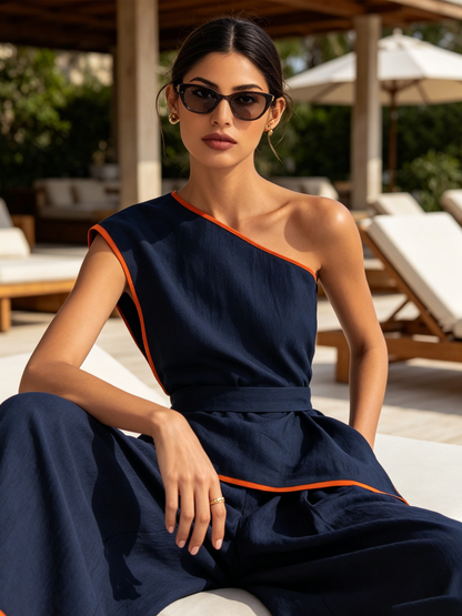 Asymmetrische Eén-Schouder Contrast Oranje Piping Geknoopte Brede Pijpen Tweedelige Set