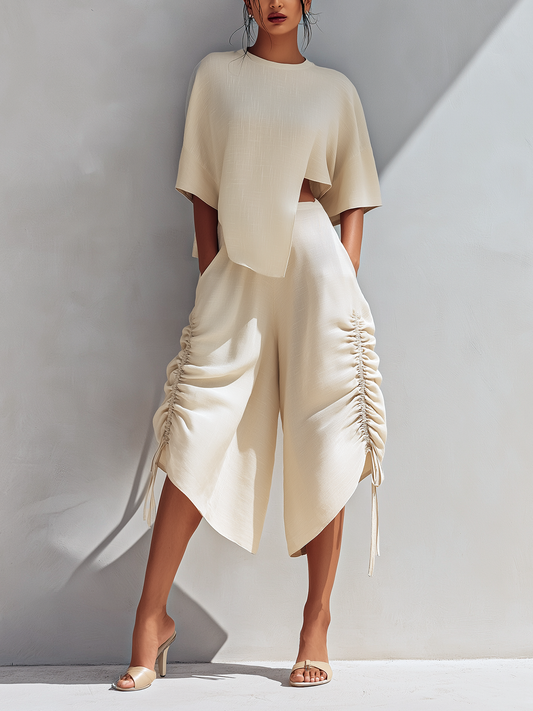 Irreguliere Cutout Linnenmix Top & Zijkant Touw Rimpel Asymmetrische Culotte Twee-delige Resort Set