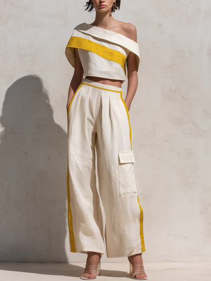 Off Shoulder Gele Streep Linnen Crop Top & Zij Streep Cargo Wijde Pantalon Twee-delige Vakantie Set