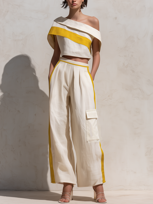 Off Shoulder Gele Streep Linnen Crop Top & Zij Streep Cargo Wijde Pantalon Twee-delige Vakantie Set