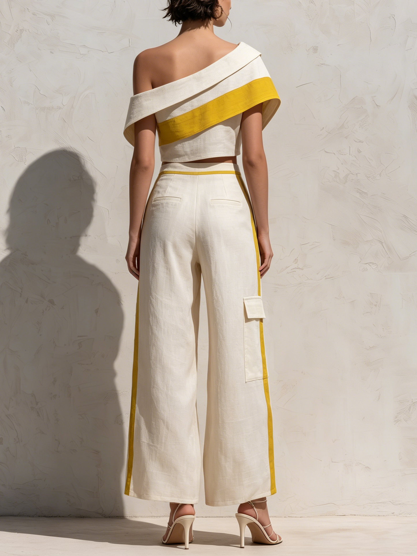 Off Shoulder Gele Streep Linnen Crop Top & Zij Streep Cargo Wijde Pantalon Twee-delige Vakantie Set