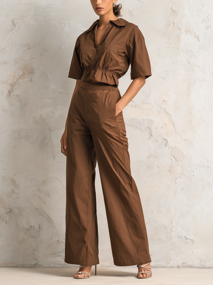 Kraagloze Korte Mouwen Cropped Shirt & Elastische Hoge Taille Brede Pijpen 2-Delige Casual Set