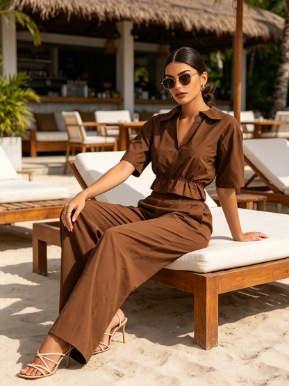 Kraagloze Korte Mouwen Cropped Shirt & Elastische Hoge Taille Brede Pijpen 2-Delige Casual Set