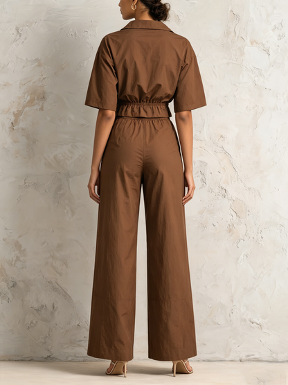 Kraagloze Korte Mouwen Cropped Shirt & Elastische Hoge Taille Brede Pijpen 2-Delige Casual Set