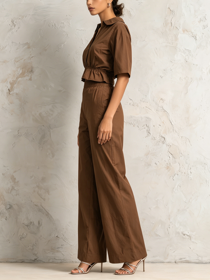 Kraagloze Korte Mouwen Cropped Shirt & Elastische Hoge Taille Brede Pijpen 2-Delige Casual Set