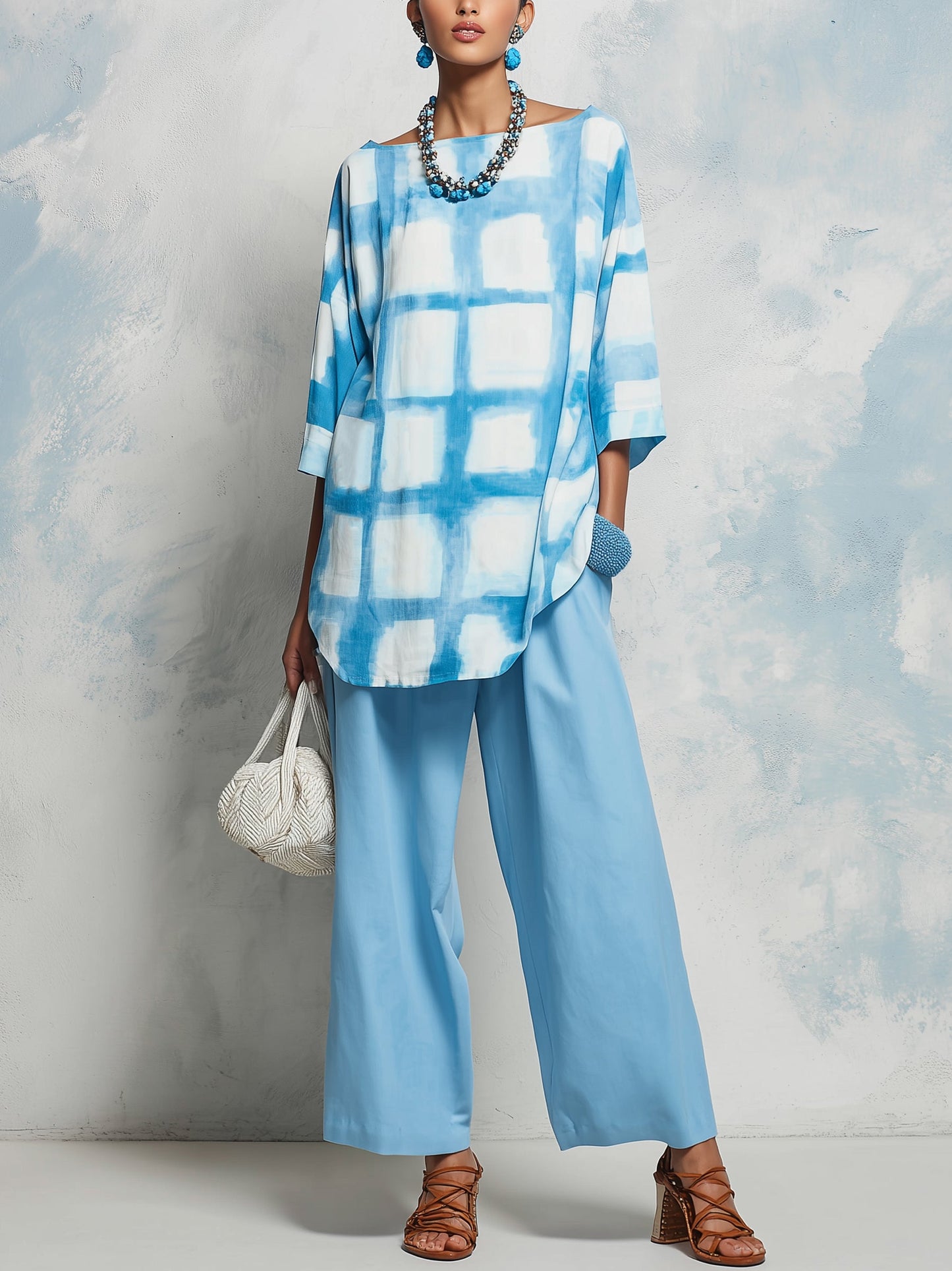 Blauwe Tie-Dye 2-delige Set: Losse Tuniek & Brede Pantalon