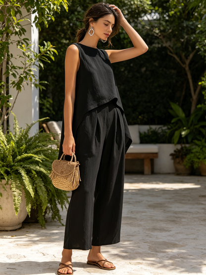 Zwarte Linnenmix Asymmetrische Mouwloze Top & Geplooide Brede Pantalon Set