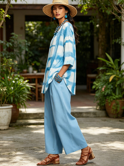 Blauwe Tie-Dye 2-delige Set: Losse Tuniek & Brede Pantalon