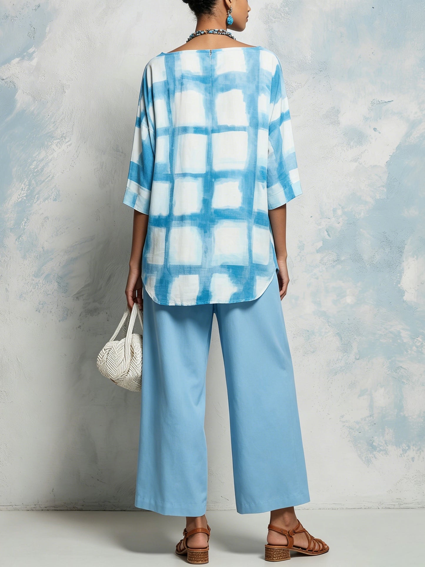 Blauwe Tie-Dye 2-delige Set: Losse Tuniek & Brede Pantalon