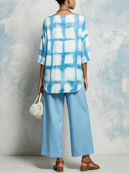 Blauwe Tie-Dye 2-delige Set: Losse Tuniek & Brede Pantalon