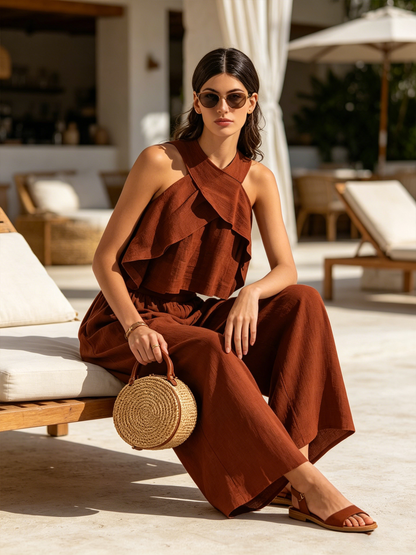 Rust Crinkle Linen Cross Halter Ruffle Crop Top & Wide Leg Maxi Pant Twee-Delige Vakantie Co-Ord Set