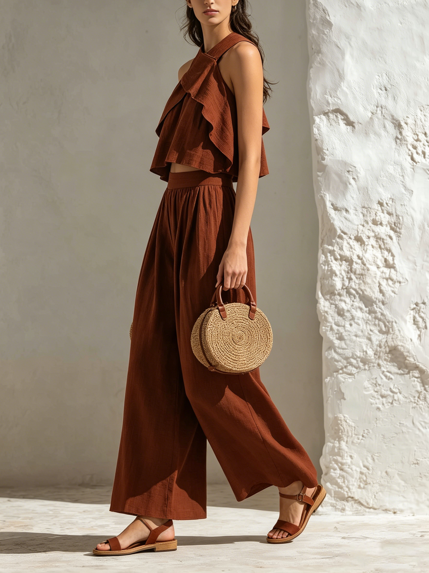 Rust Crinkle Linen Cross Halter Ruffle Crop Top & Wide Leg Maxi Pant Twee-Delige Vakantie Co-Ord Set