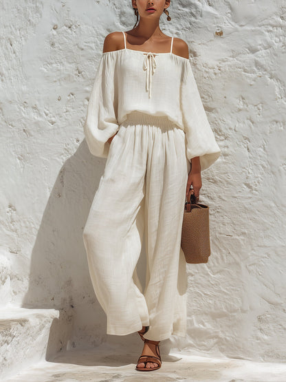 Elegante Resort Outfit Set – Off-Shoulder Lange Mouw Top Met Wijde Broek
