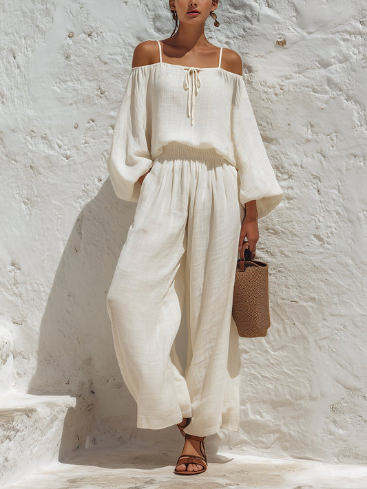 Elegante Resort Outfit Set – Off-Shoulder Lange Mouw Top Met Wijde Broek