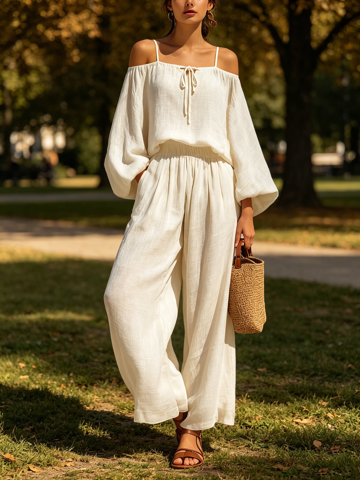 Elegante Resort Outfit Set – Off-Shoulder Lange Mouw Top Met Wijde Broek
