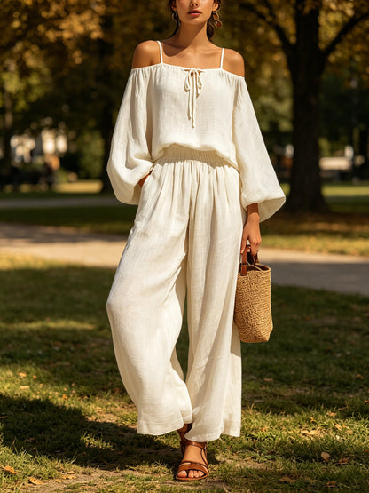 Elegante Resort Outfit Set – Off-Shoulder Lange Mouw Top Met Wijde Broek