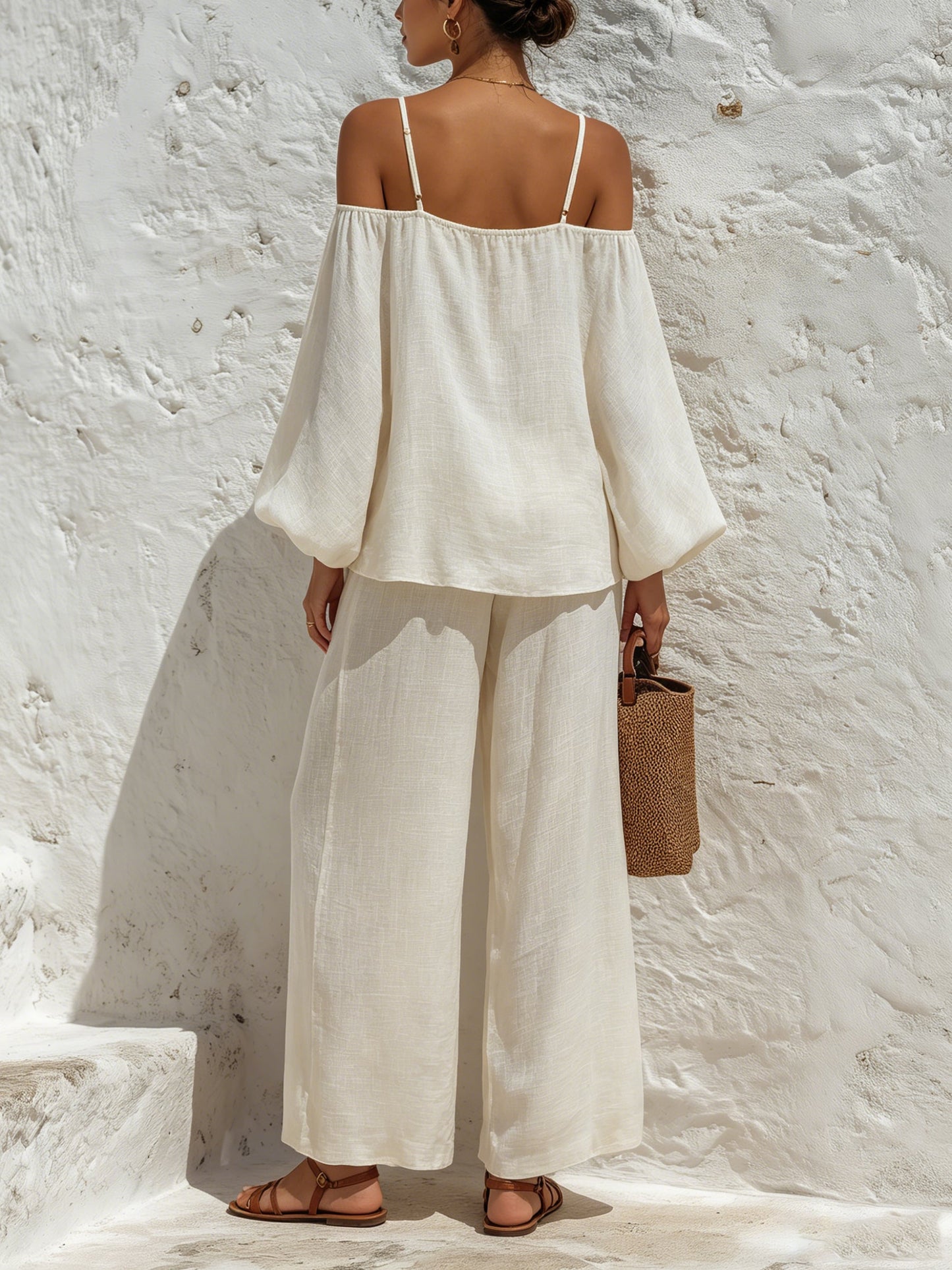 Elegante Resort Outfit Set – Off-Shoulder Lange Mouw Top Met Wijde Broek