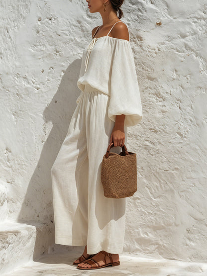 Elegante Resort Outfit Set – Off-Shoulder Lange Mouw Top Met Wijde Broek
