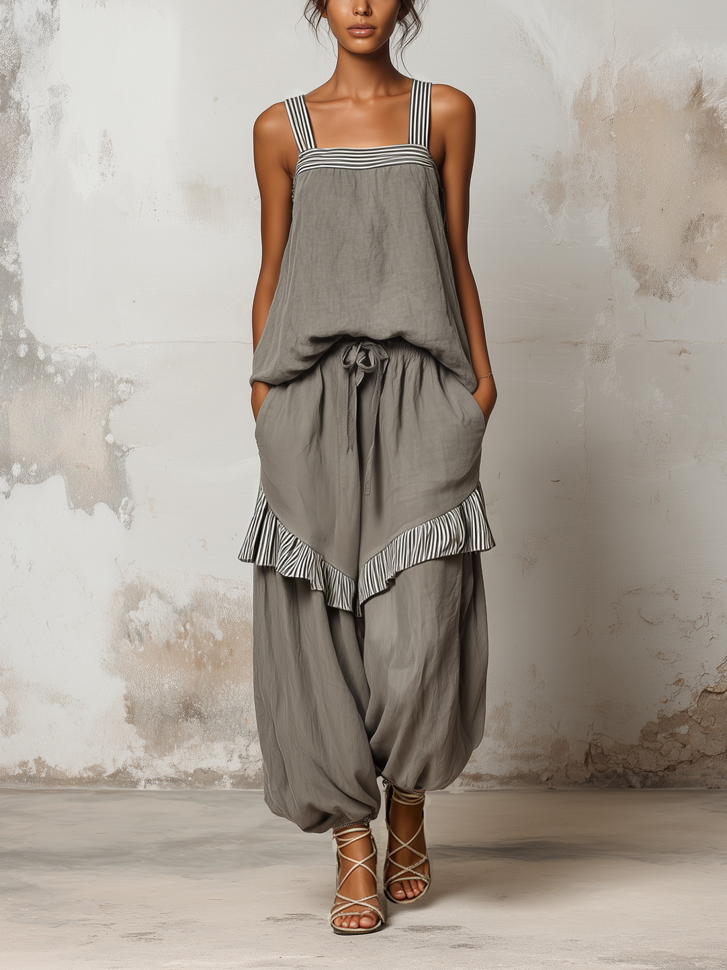 Grijs Gestreept Linnen Twee-delig Set Vierkante Band Tanktop Ballon Harem Broek Outfit