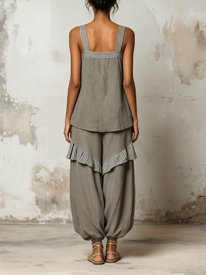 Grijs Gestreept Linnen Twee-delig Set Vierkante Band Tanktop Ballon Harem Broek Outfit