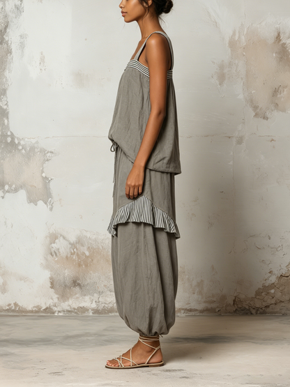 Grijs Gestreept Linnen Twee-delig Set Vierkante Band Tanktop Ballon Harem Broek Outfit