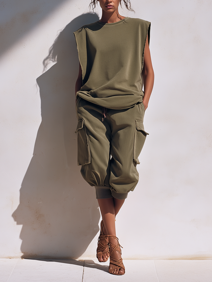 Ruwe Rand Mouwloze Sweater Top & Elastische Taille Cargo Capri Co-Ord Set