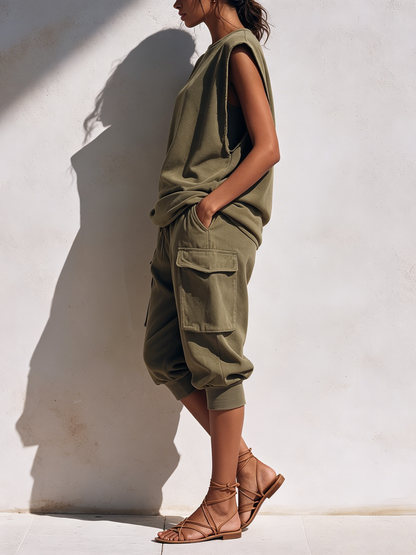 Ruwe Rand Mouwloze Sweater Top & Elastische Taille Cargo Capri Co-Ord Set