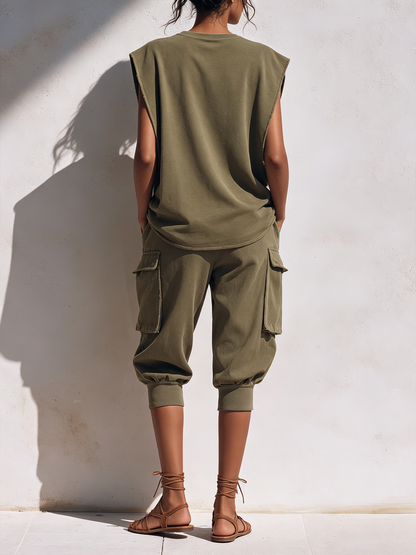 Ruwe Rand Mouwloze Sweater Top & Elastische Taille Cargo Capri Co-Ord Set